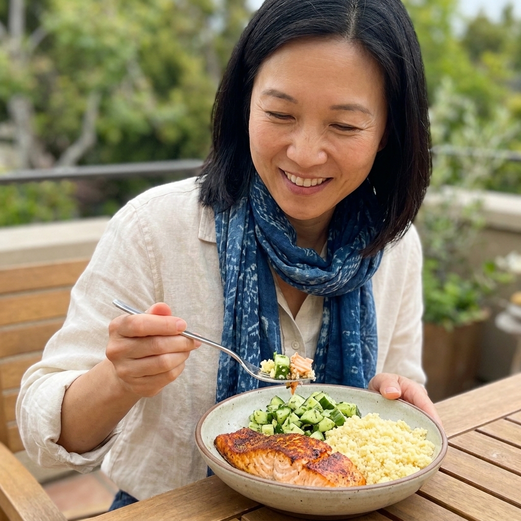 A Mediterranean-style bowl with spiced salmon, fluffy couscous, and a bright cucumber herb salad