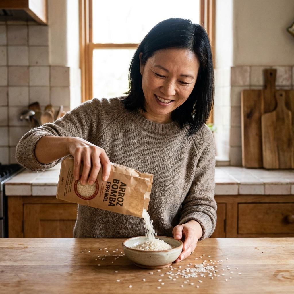 A bag of Spanish bomba rice on a kitchen counter with grains spilled into a small bowl