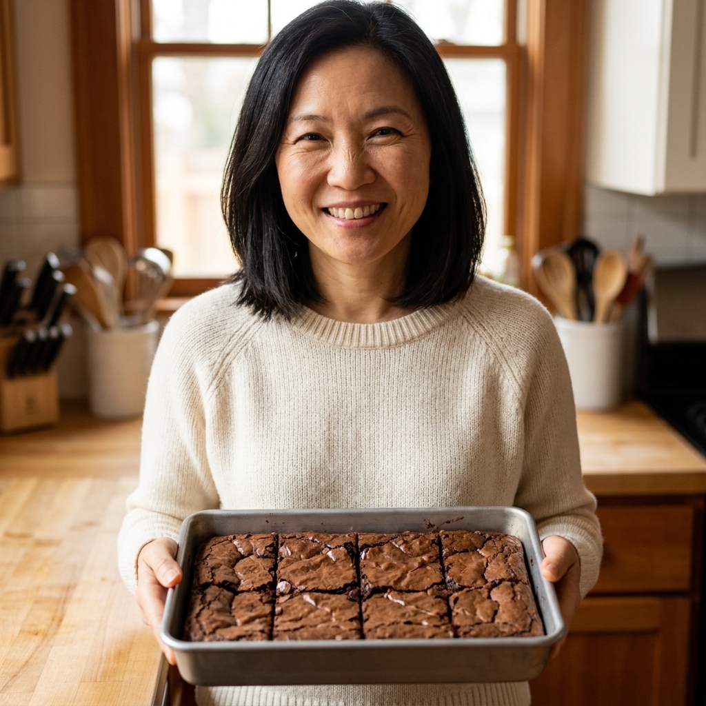 A baking pan filled with thick, fudgy dairy-free brownies cut into squares with crackly tops