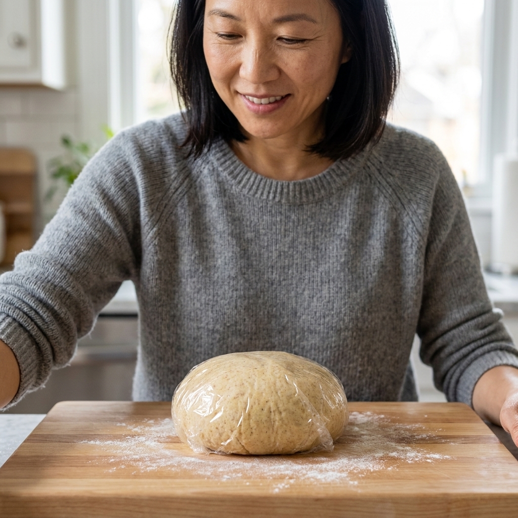 A ball of gluten-free pasta dough wrapped tightly in plastic wrap resting on a wooden cutting board