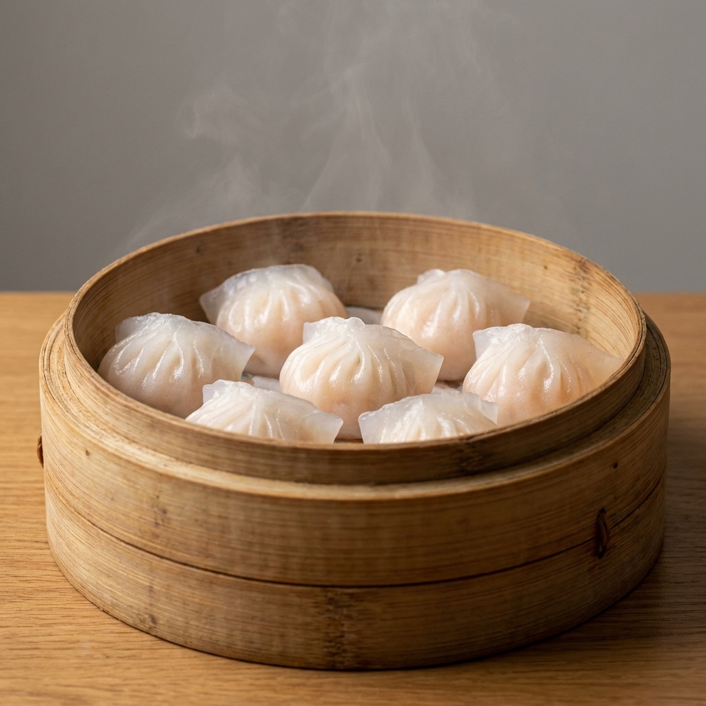 A bamboo steamer basket filled with translucent har gow shrimp dumplings with pleated tops