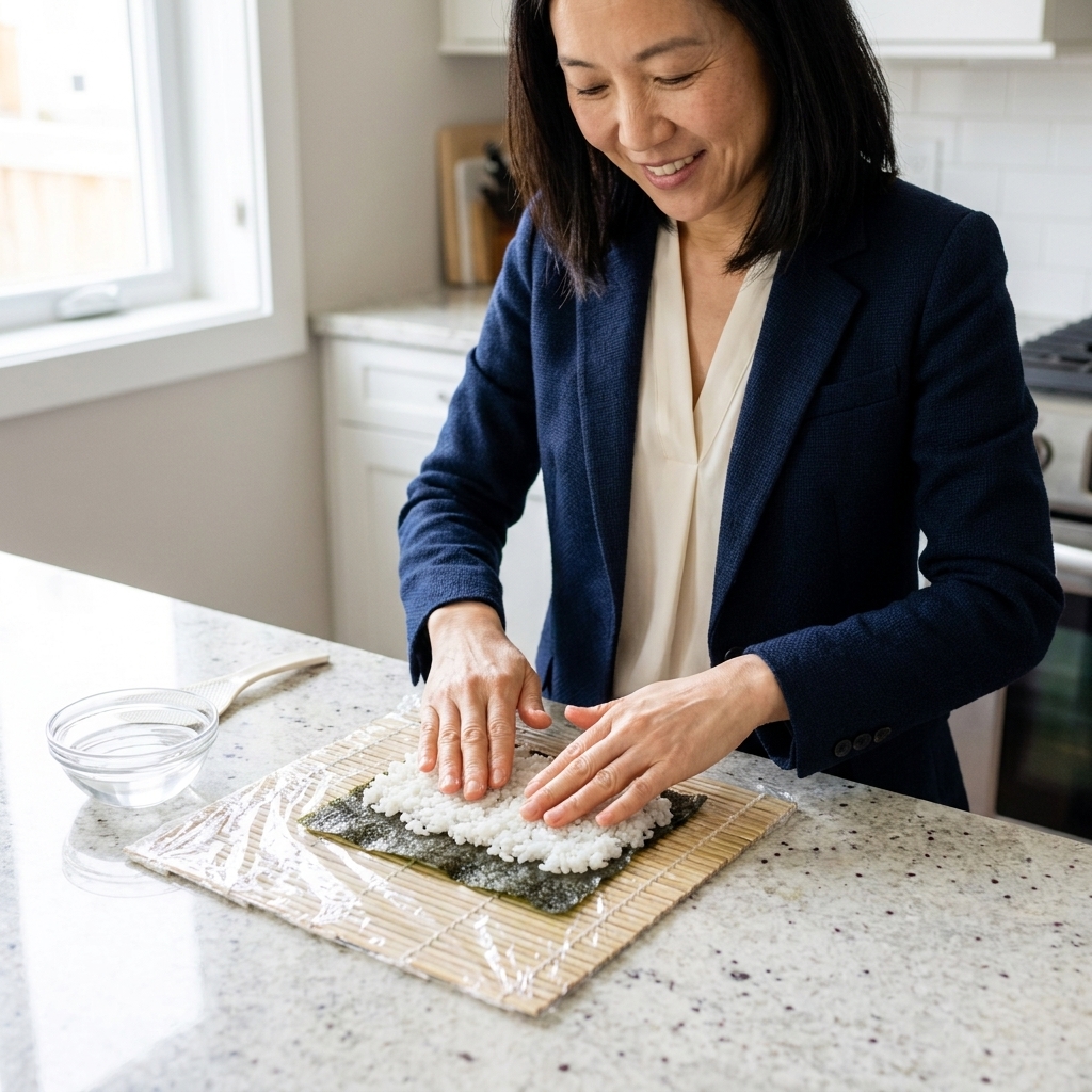 A bamboo sushi rolling mat wrapped in clear plastic with a sheet of nori placed on top, set on a clean countertop