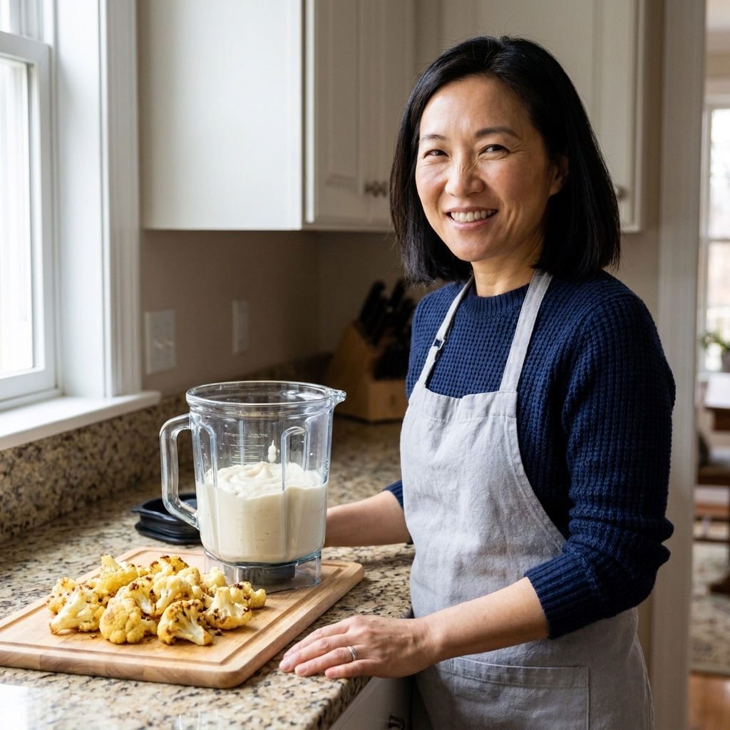A blender jar filled with smooth cauliflower puree on a countertop next to a cutting board with cooked cauliflower florets