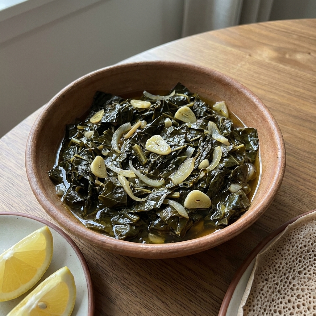 A bowl of Ethiopian-style collard greens cooked until tender with garlic and onions, served on a table with lemon wedges