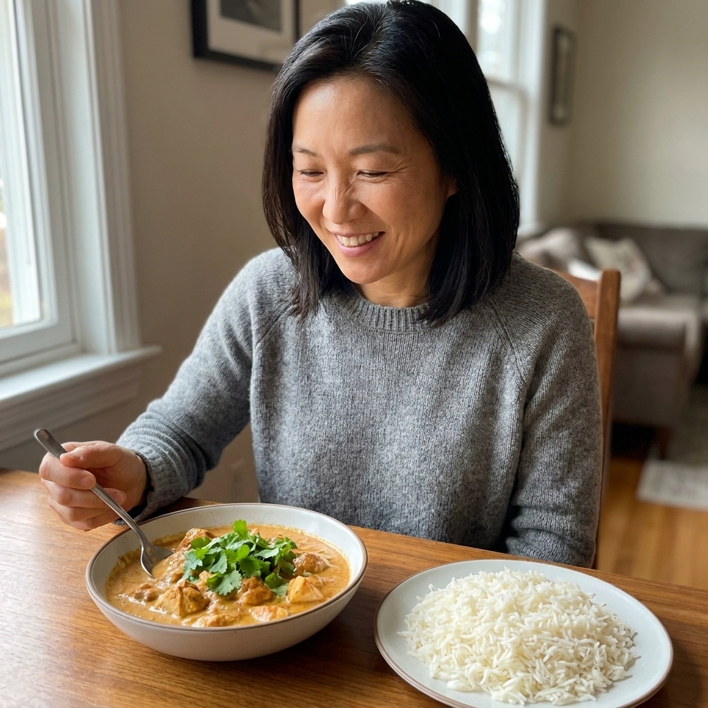 A bowl of chicken tikka masala with a creamy orange tomato sauce, topped with cilantro, served next to fluffy basmati rice