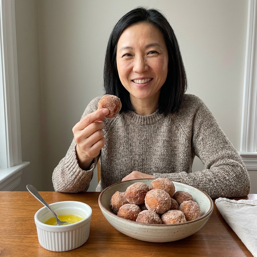 A bowl of cinnamon sugar donut holes with a light dusting of cinnamon and a small ramekin of melted butter on the side