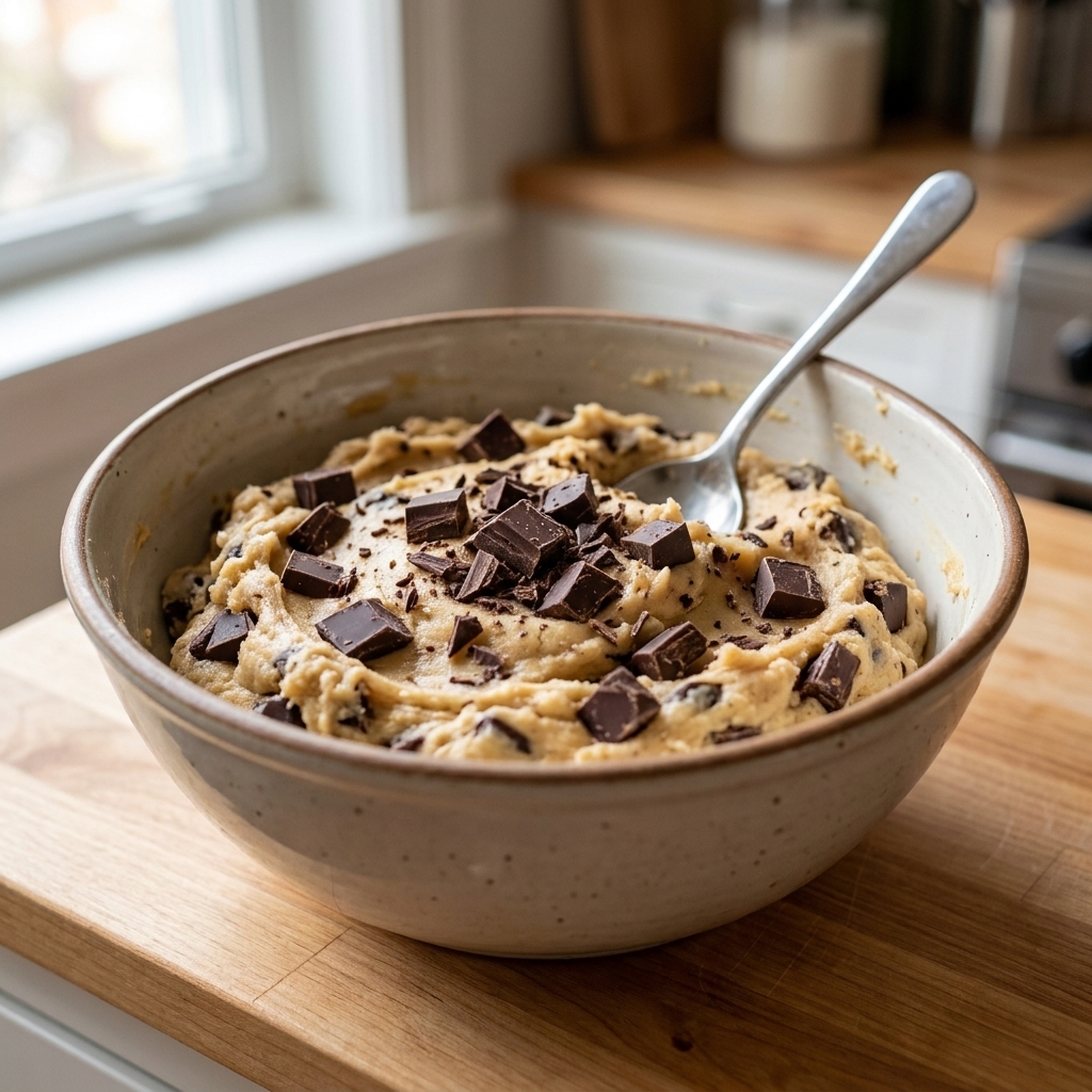 A bowl of cookie dough with visible chopped dark chocolate chunks folded throughout, photographed on a kitchen counter