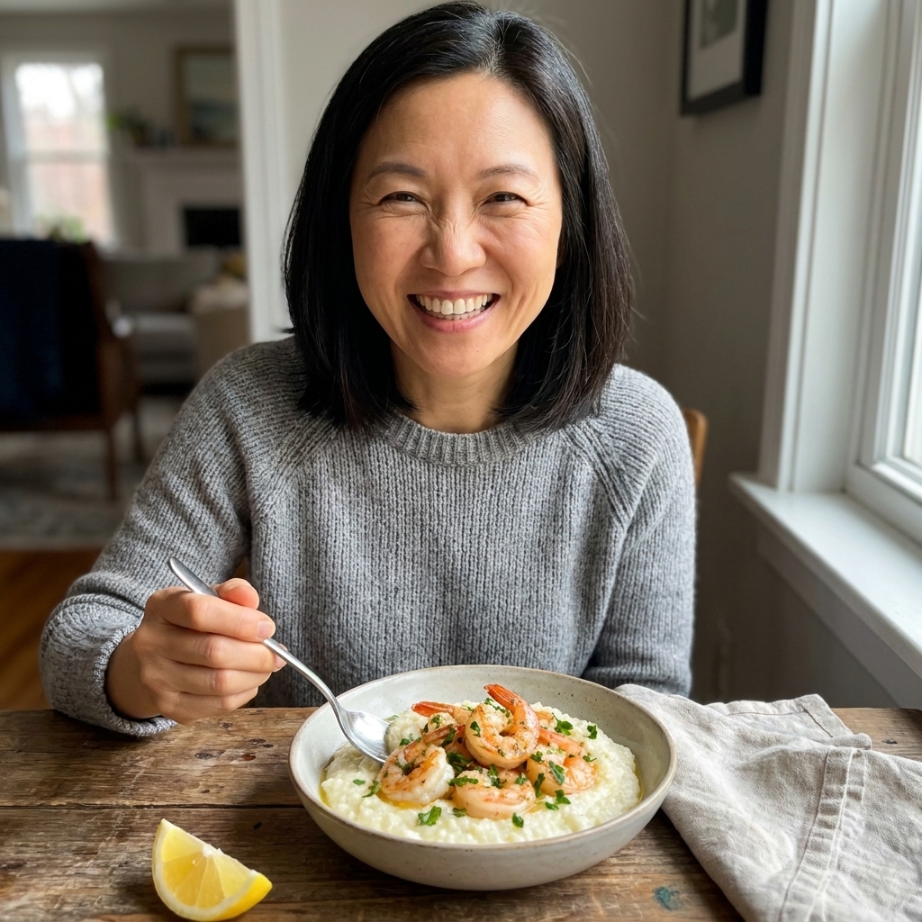 A bowl of creamy cauliflower grits topped with garlic butter shrimp and chopped parsley on a wooden table