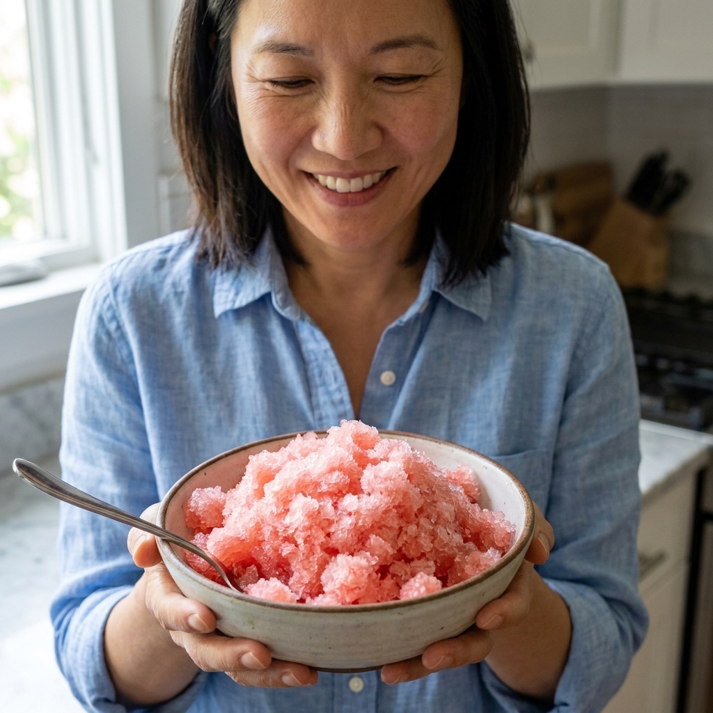 A bowl of fluffy watermelon granita crystals with a spoon resting on the side, bright and icy