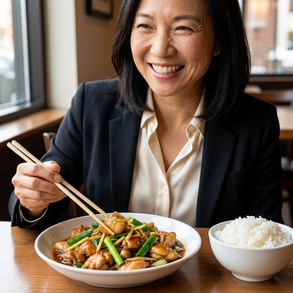 A bowl of ginger-scallion chicken stir-fry with glossy sauce, bright scallions, and thin slices of ginger, served alongside steamed rice