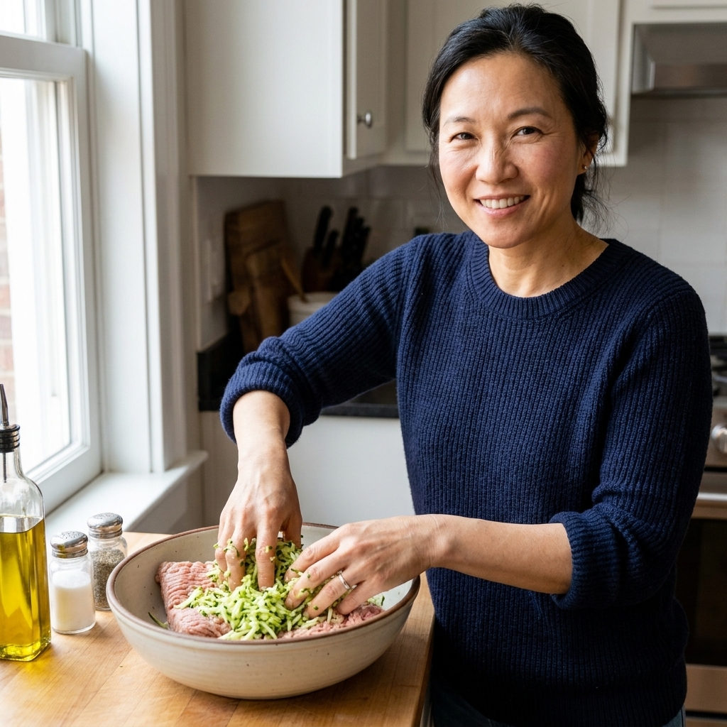 A bowl of ground meat mixture with finely grated zucchini being mixed in by hand on a kitchen counter