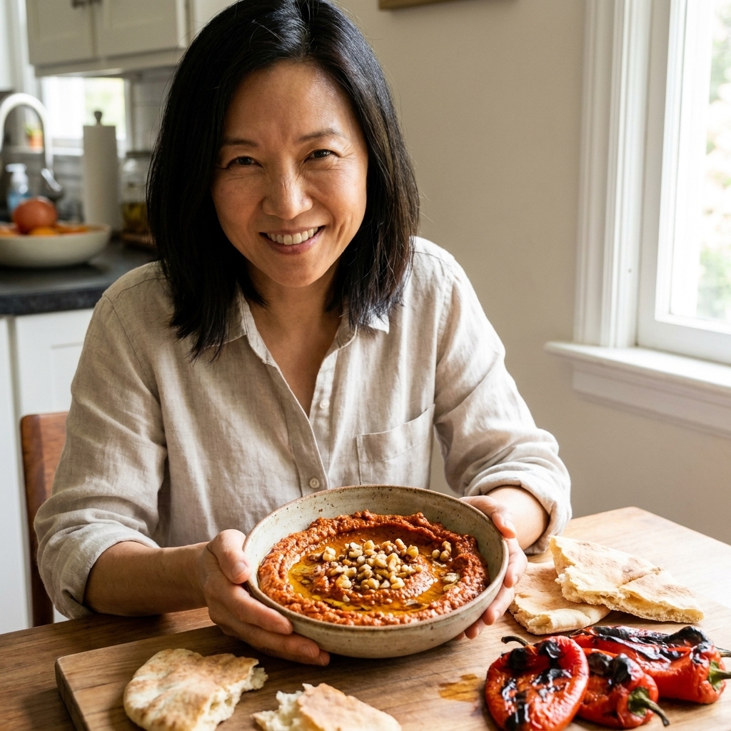 A bowl of muhammara topped with chopped walnuts and a drizzle of olive oil, surrounded by torn pita and roasted red peppers