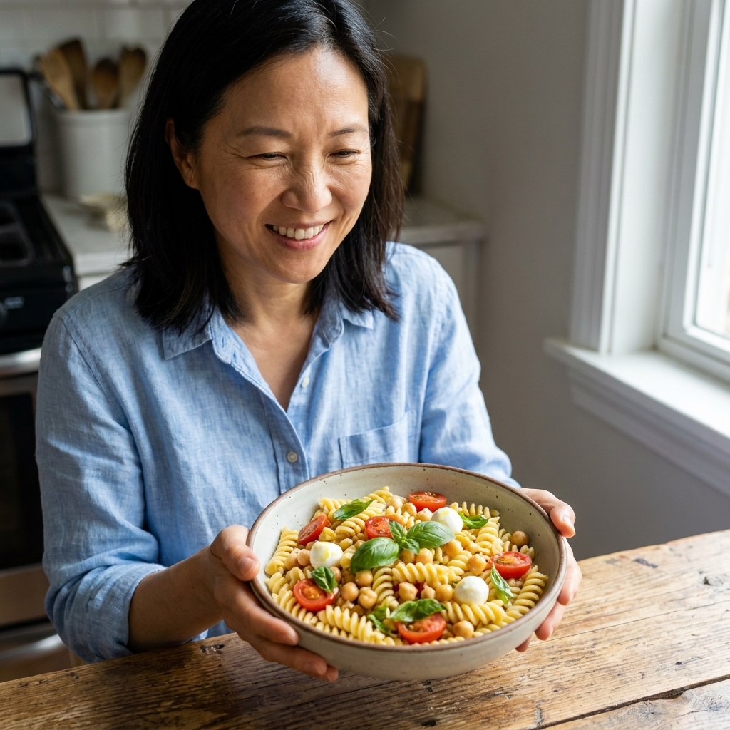 A bowl of pasta tossed with chickpeas, cherry tomatoes, basil leaves, olive oil, and small mozzarella pearls