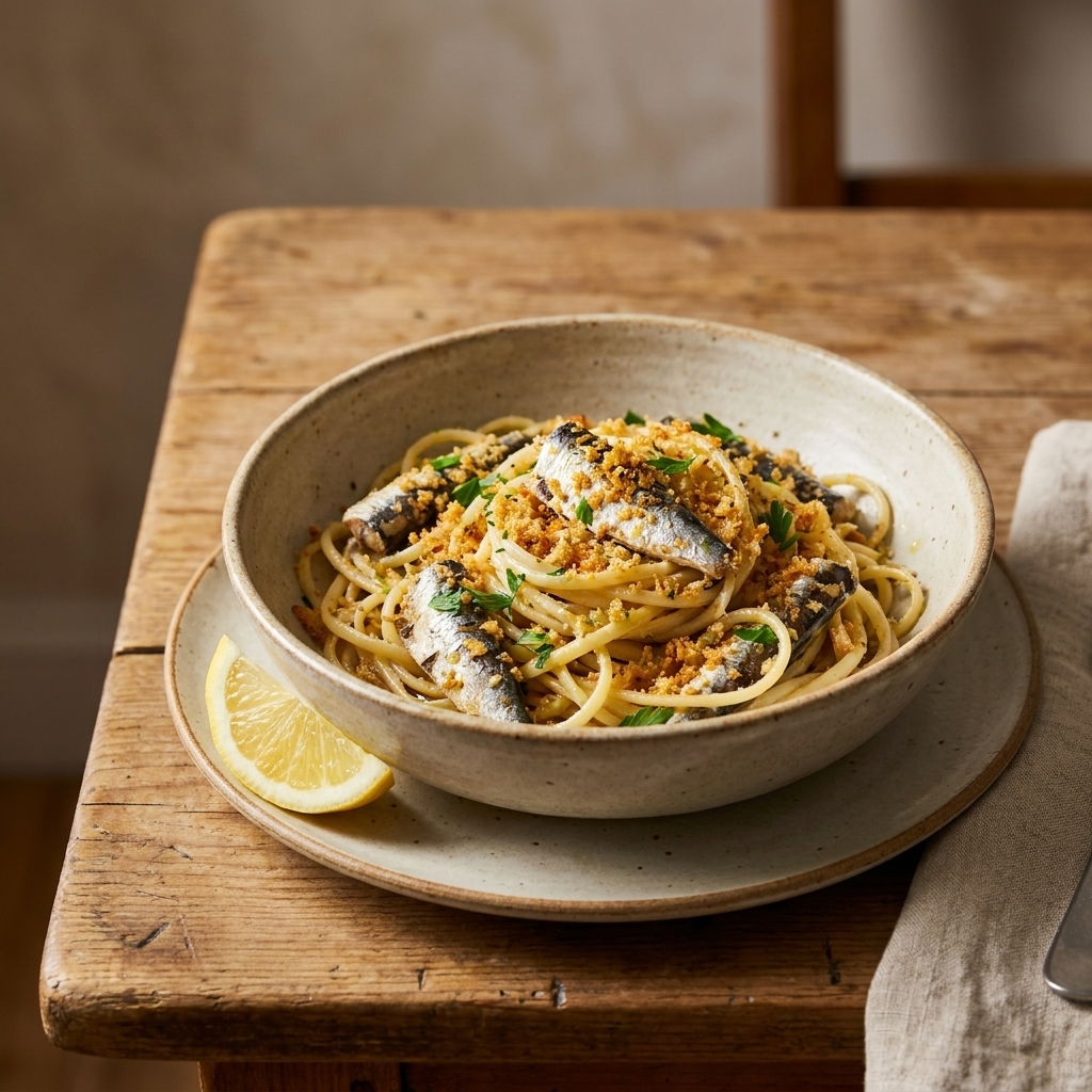 A bowl of pasta tossed with sardines and toasted breadcrumbs, with a lemon wedge on the side on a rustic kitchen table