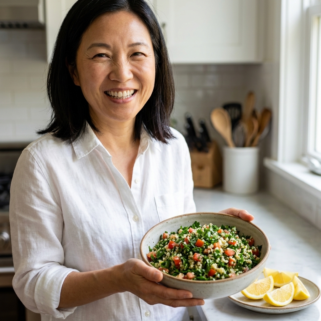 A bowl of tabbouleh with lots of chopped parsley, diced tomatoes, and lemon wedges on the side