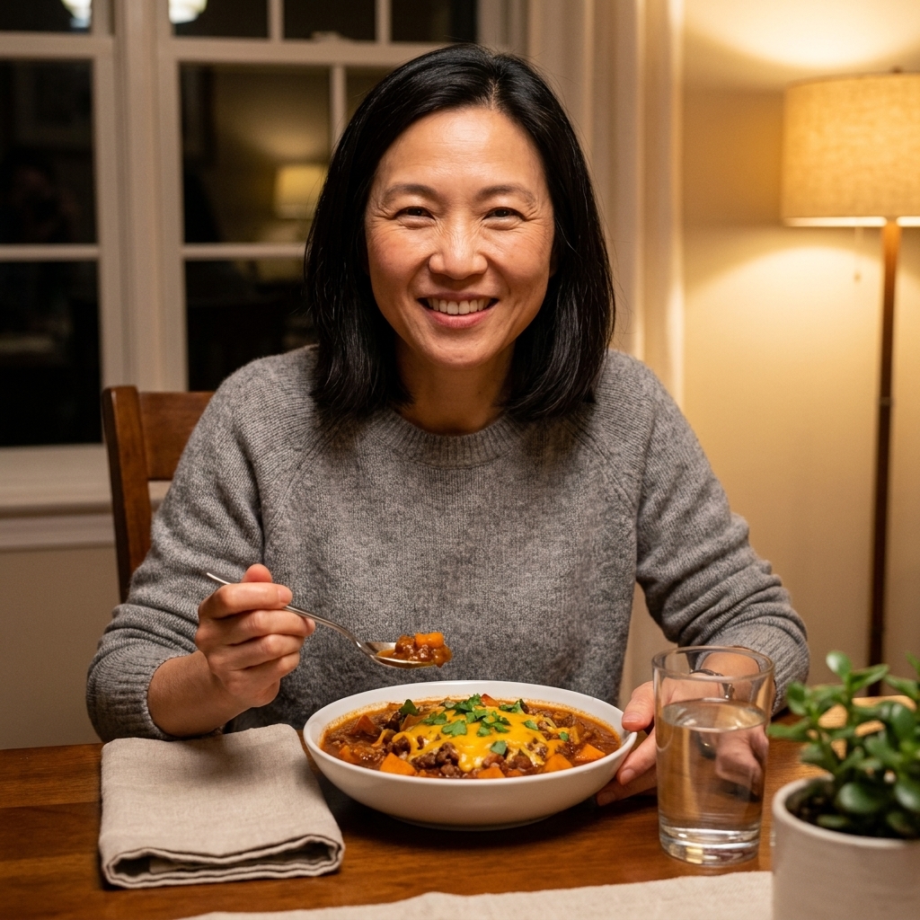 A bowl of thick beef and sweet potato chili topped with shredded cheddar and cilantro on a cozy dinner table