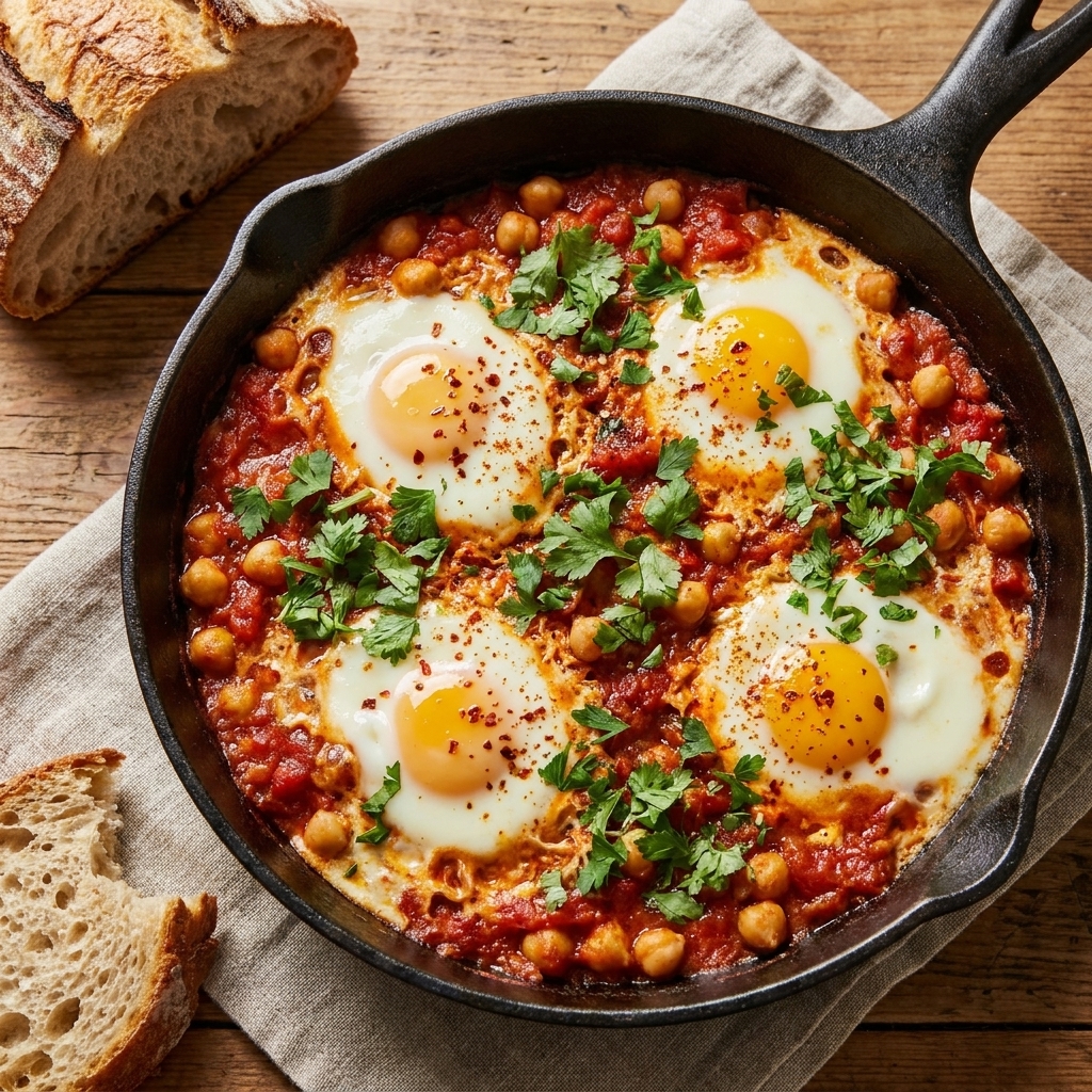 A cast-iron skillet of shakshuka with eggs set in a spiced tomato sauce and chickpeas, topped with herbs