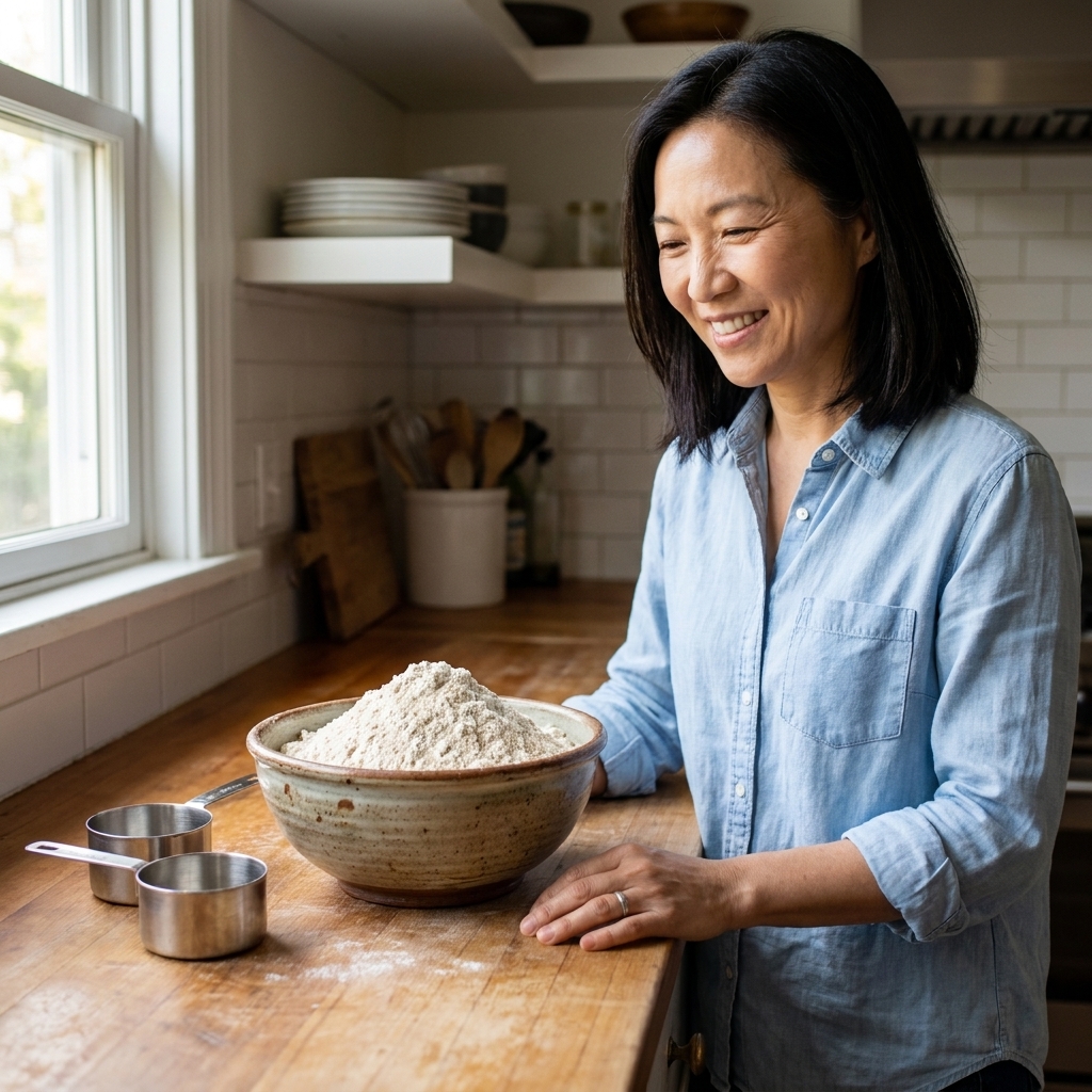 A ceramic bowl filled with a pale gluten-free flour blend next to measuring cups on a wooden counter