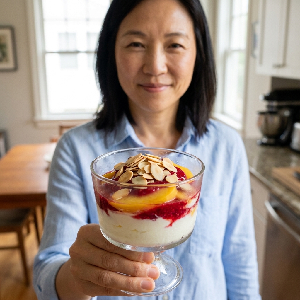 A chilled dessert glass filled with vanilla yogurt, sliced peaches, and raspberry sauce, topped with toasted almonds