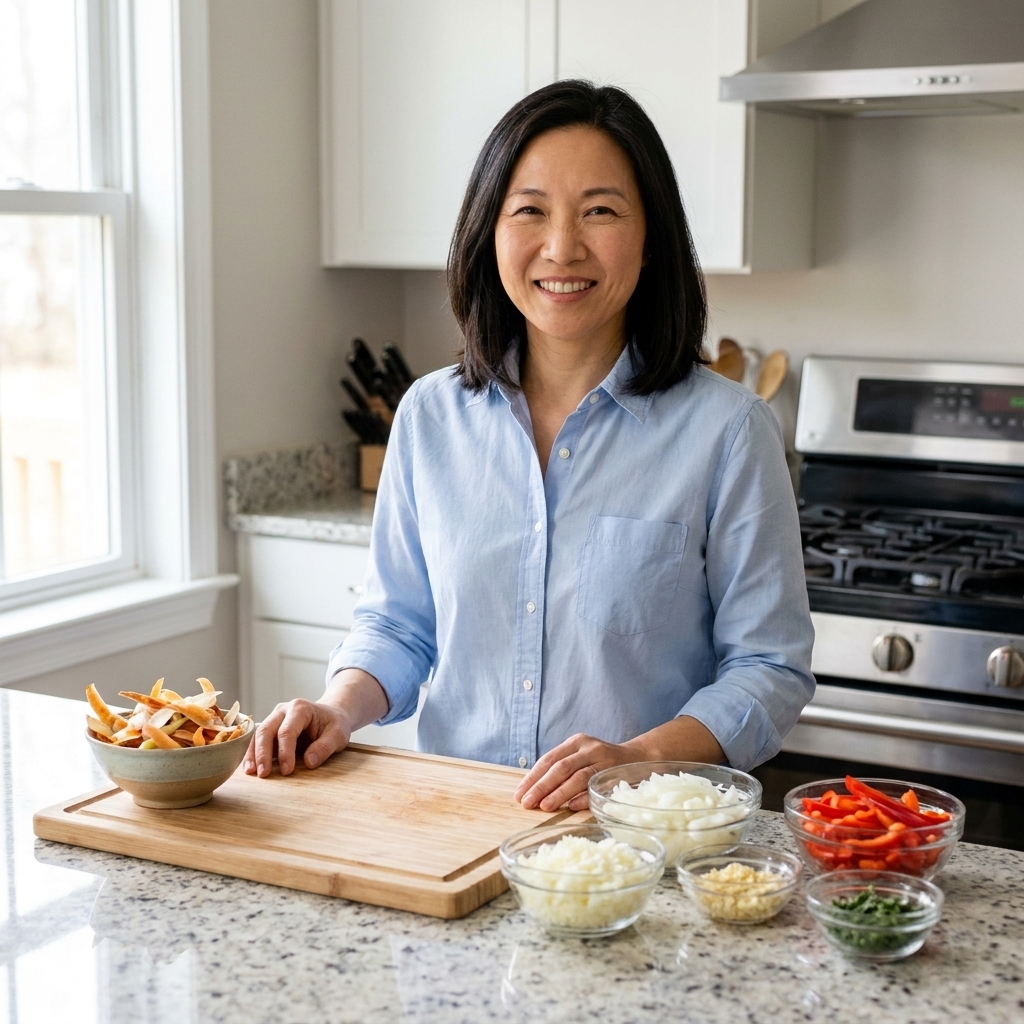 A cleared kitchen counter with a cutting board, a small bowl for scraps, and small bowls of prepped ingredients ready to cook