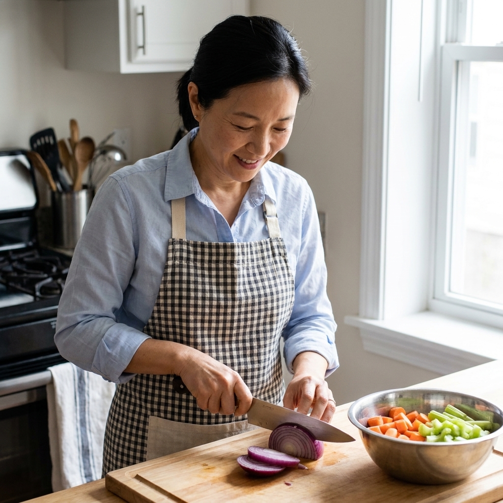 A cook slicing an onion on a cutting board with a chef's knife, with chopped vegetables in a bowl nearby