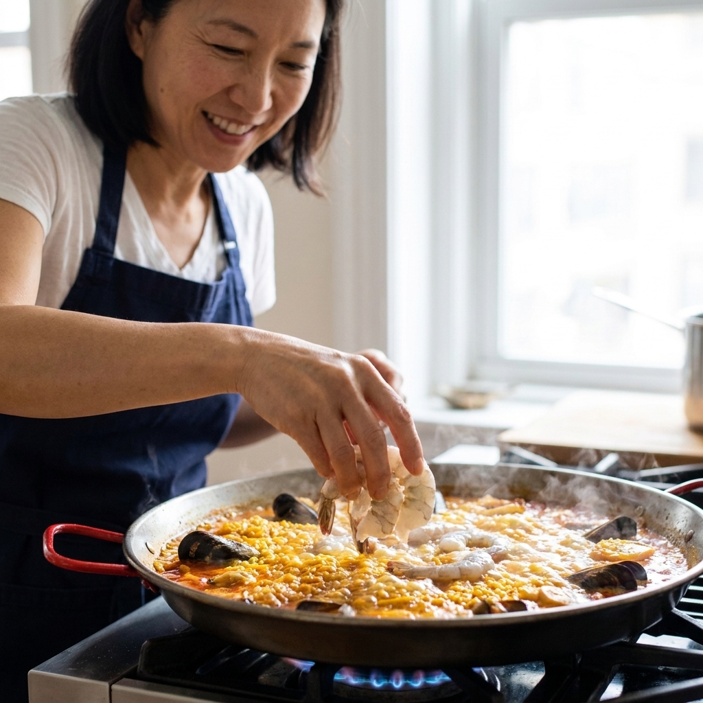 A cook’s hand placing raw shell-on shrimp into simmering paella rice in a wide pan, with broth bubbling and saffron-tinted rice visible