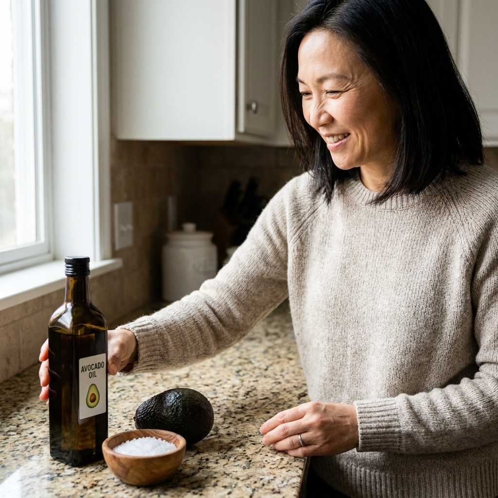 A dark glass bottle of avocado oil on a kitchen counter next to an avocado and a small bowl of coarse salt