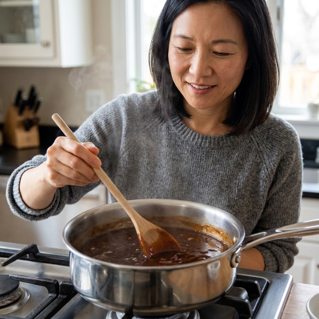 A dark, glossy brown sauce simmering gently in a saucepan with a wooden spoon stirring