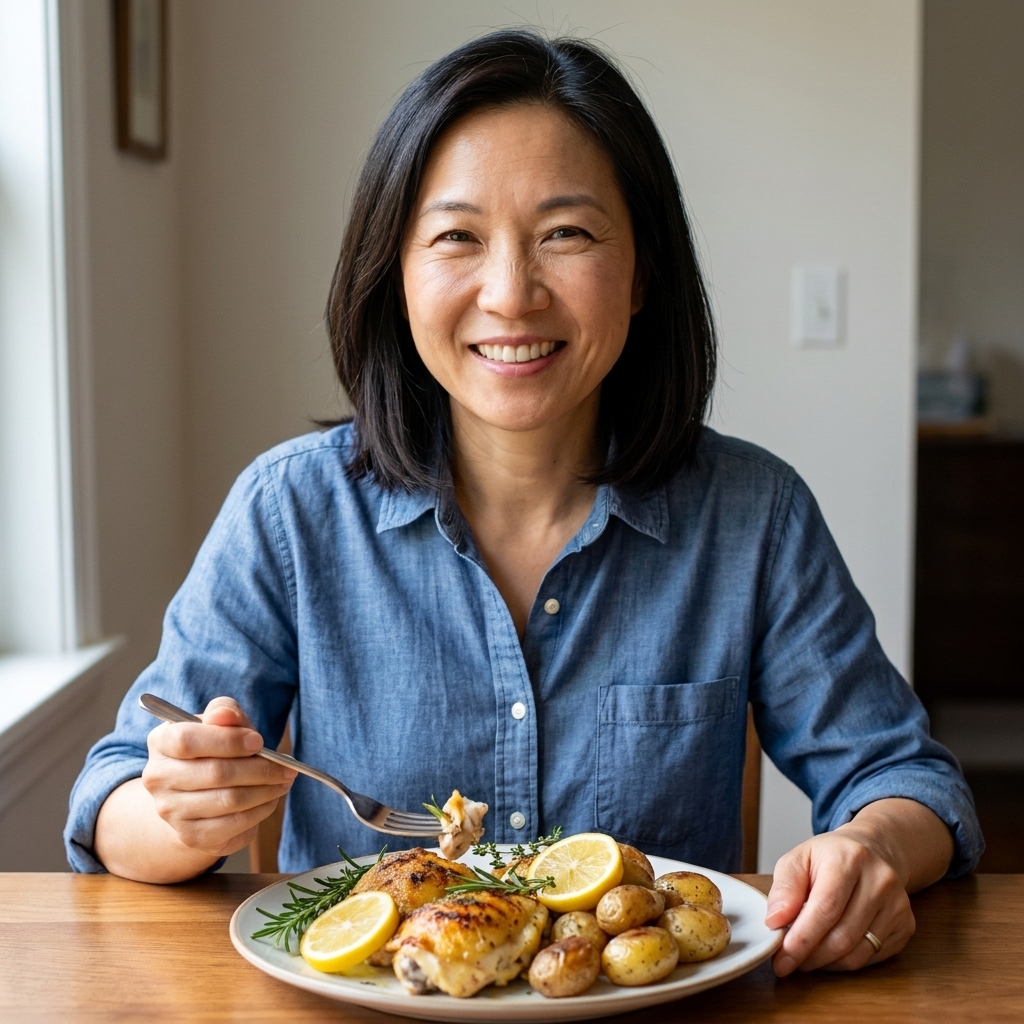 A dinner plate with lemon herb chicken and tender baby potatoes, with visible lemon slices and fresh herbs