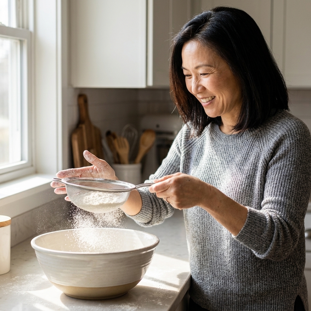 A fine-mesh sieve dusting a mixture of flour and cornstarch into a large mixing bowl on a bright kitchen counter