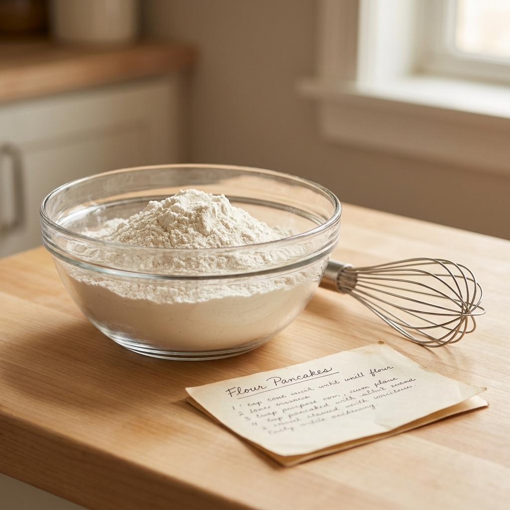 A glass bowl of all-purpose flour on a countertop with a whisk and a folded recipe card nearby