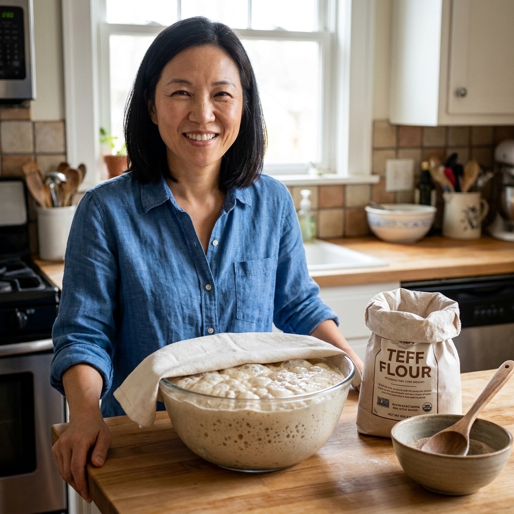 A glass bowl of bubbly injera batter fermenting on a kitchen counter next to teff flour and a wooden spoon