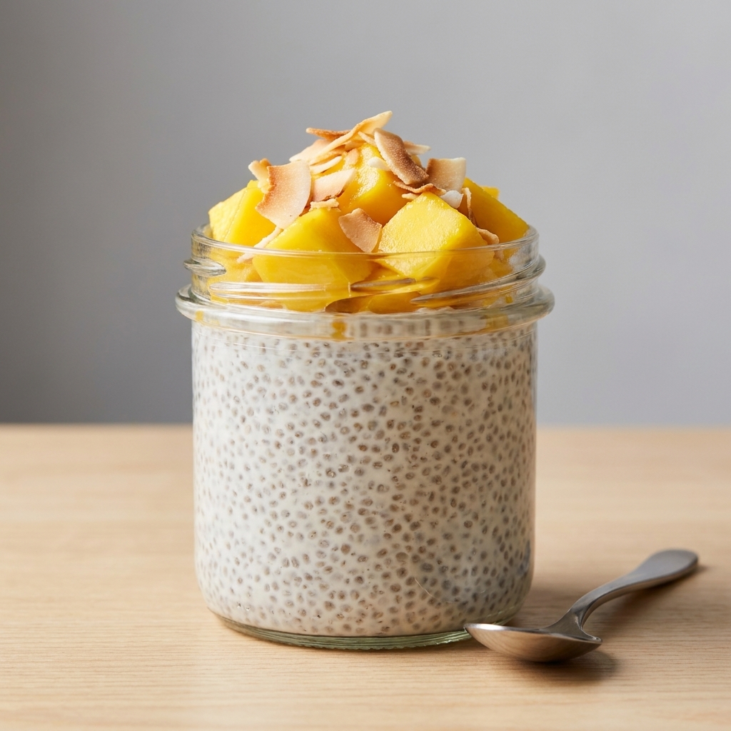 A glass jar of coconut chia pudding topped with bright mango chunks and toasted coconut flakes