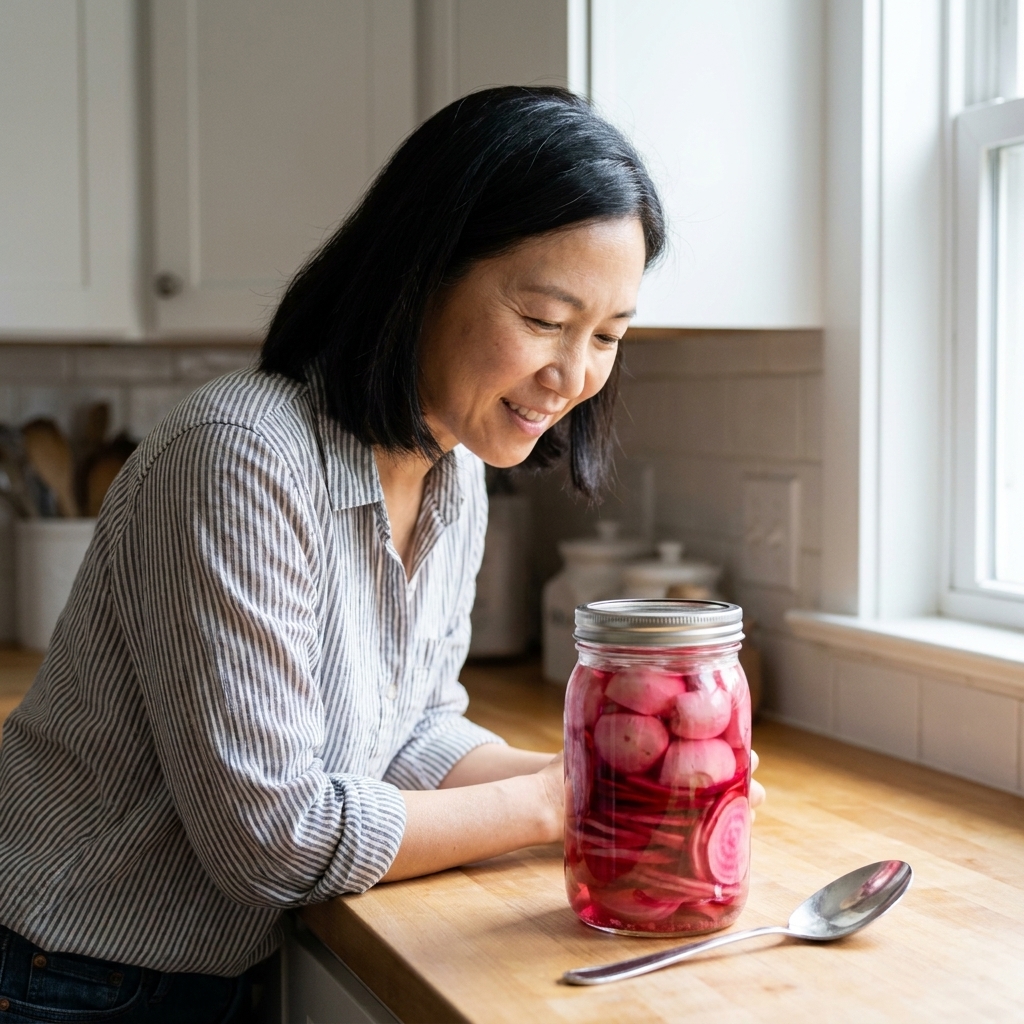 A glass jar of pink pickled turnips with thin slices of beet, sitting on a kitchen counter with a spoon nearby