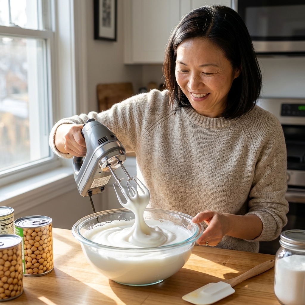 A glass mixing bowl of aquafaba being whipped into glossy white foam with a hand mixer on a kitchen counter