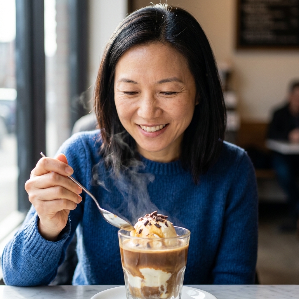 A glass of affogato with vanilla ice cream and hot espresso poured over it, topped with chocolate shavings