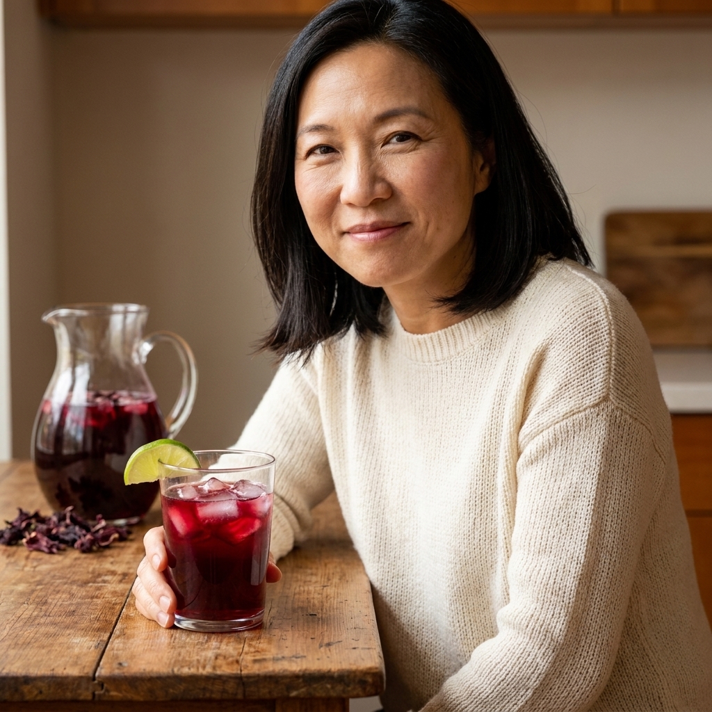 A glass of deep red agua de jamaica with ice and a lime wedge on a table, with a pitcher of the drink in the background