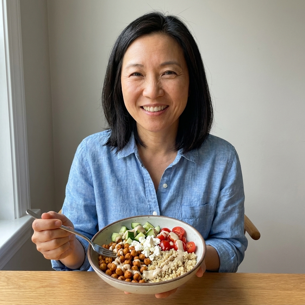 A grain bowl topped with spiced chickpeas, chopped cucumbers, tomatoes, feta, and a drizzle of creamy tahini sauce