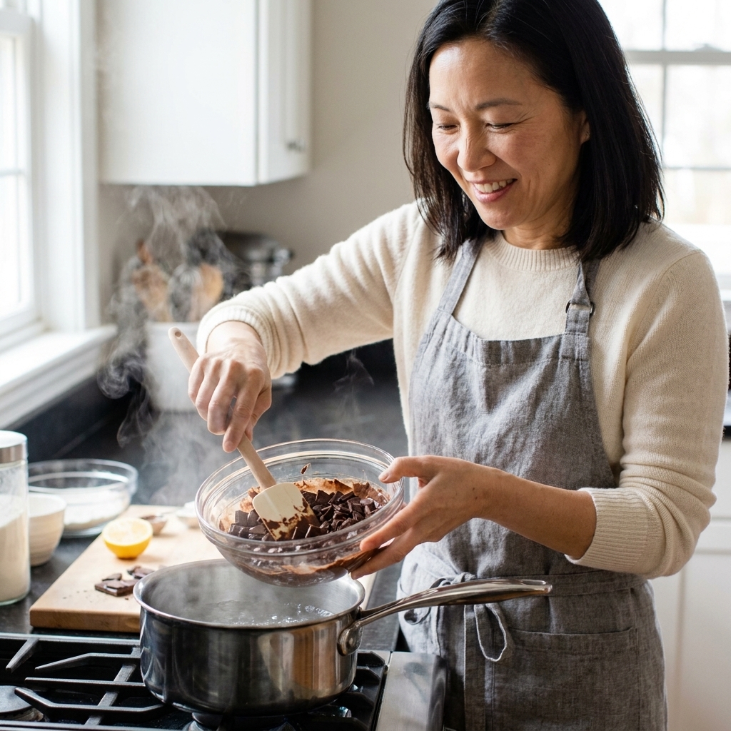 A heatproof bowl set over a saucepan of simmering water, with chopped chocolate melting inside and steam gently rising