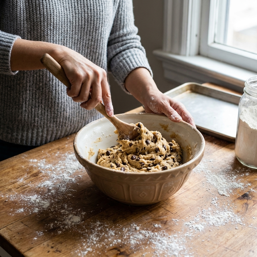 A home baker's hands stirring cookie dough in a mixing bowl on a countertop with a wooden spoon and scattered flour