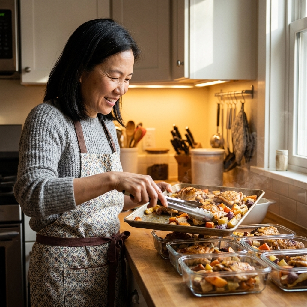 A home cook arranging roasted chicken thighs and vegetables on a sheet pan next to open meal prep containers, warm kitchen lighting