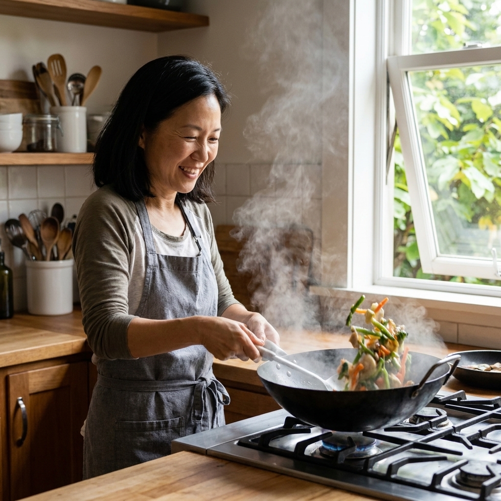 A home cook stir-frying in a wok on a stovetop with a window slightly open and steam rising as vegetables are tossed
