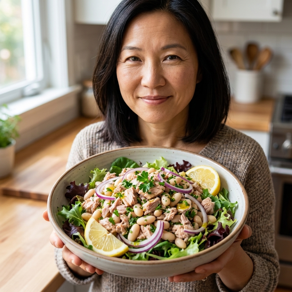 A large bowl of tuna and white bean salad with red onion, parsley, lemon, and olive oil, served over greens