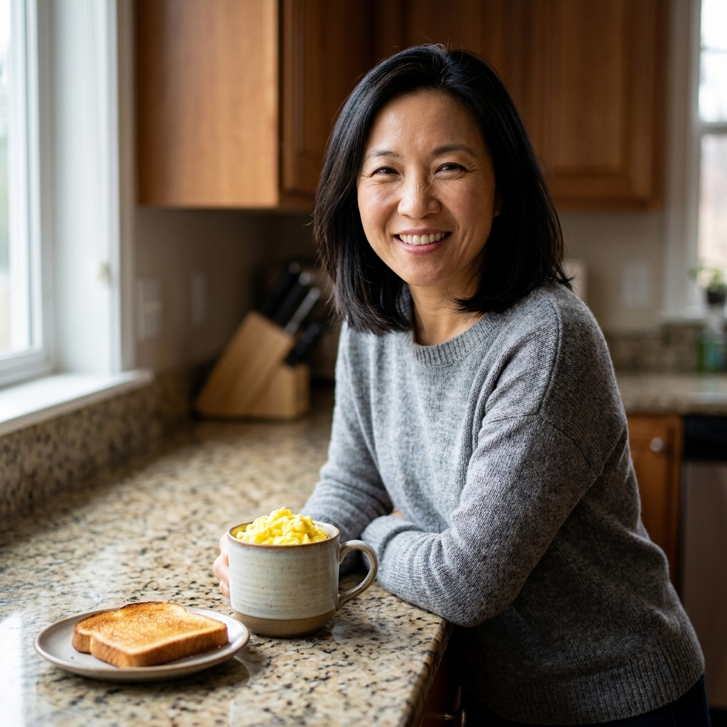 A microwave-safe mug filled with fluffy scrambled eggs on a countertop next to a slice of toast