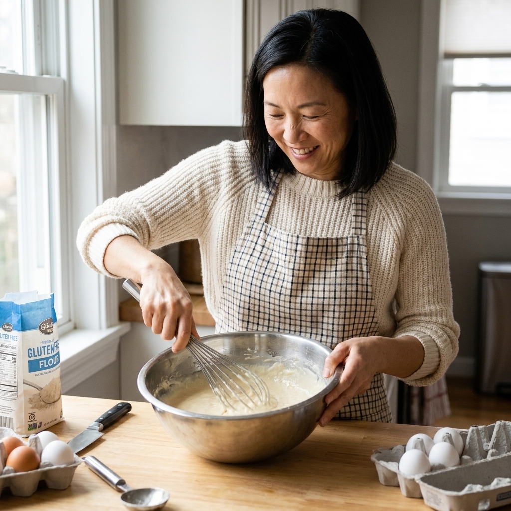A mixing bowl of pale gluten-free cake batter being whisked until smooth on a kitchen counter