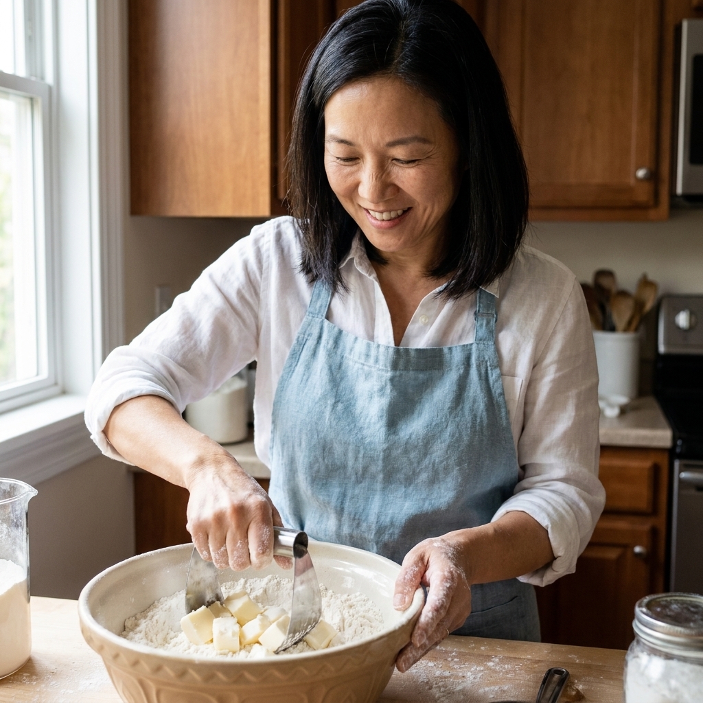 A mixing bowl with flour and chunks of white shortening being cut in with a pastry cutter