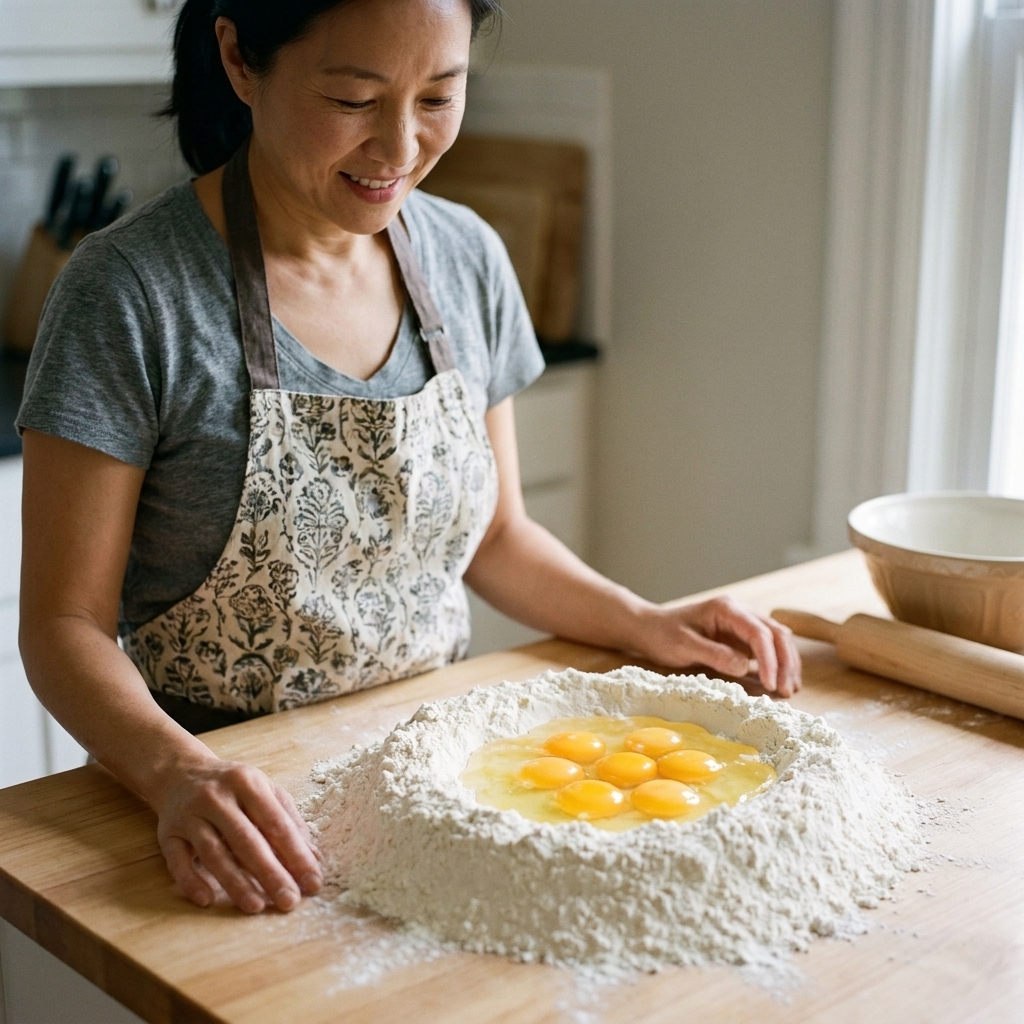 A mound of flour shaped into a wide well on a countertop, with cracked eggs sitting in the center ready to be mixed