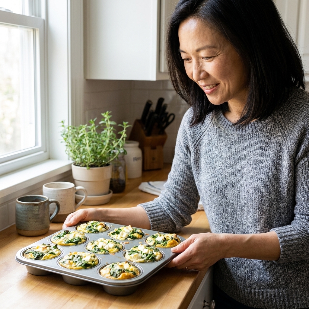 A muffin tin filled with baked egg muffins studded with spinach and feta on a kitchen counter, bright natural light