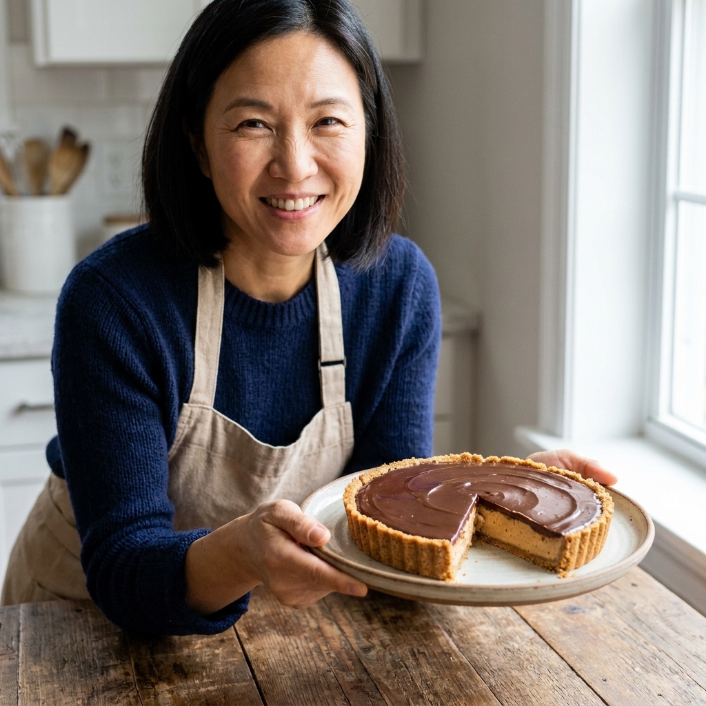 A no-bake peanut butter chocolate tart with a shiny chocolate top and a slice removed to show the creamy filling