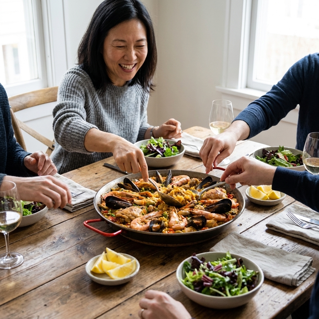 A paella pan set in the middle of a dining table with people reaching in to serve themselves, lemon wedges and small bowls of salad nearby